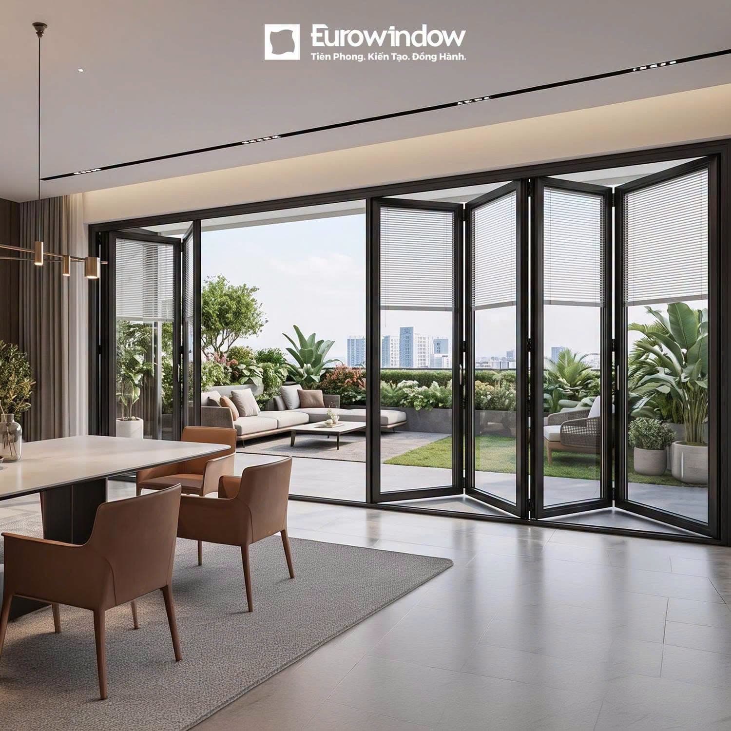 Cửa đi nhôm kính xếp trượt Eurowindow tích hợp rèm trong hộp kính cách âm cách nhiệt