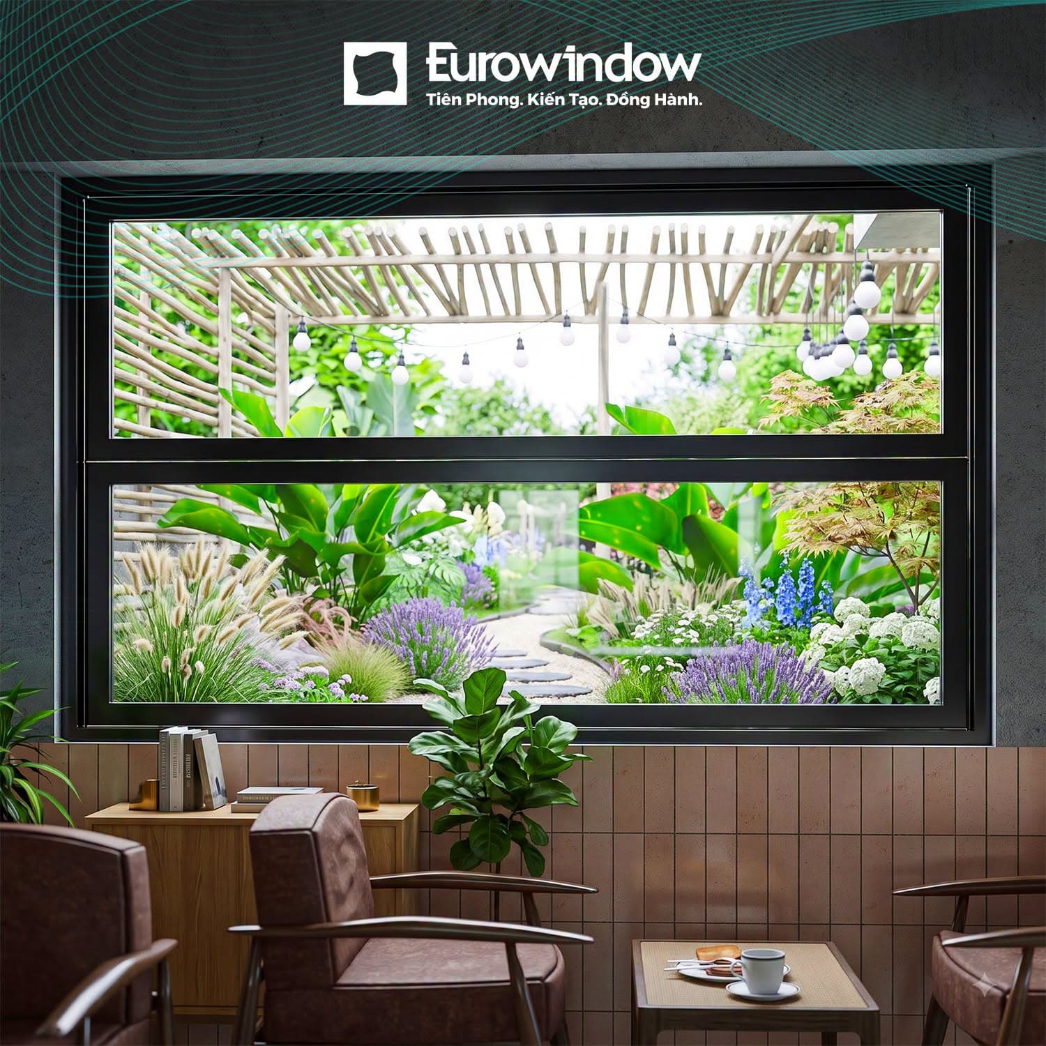 Vách kính trượt tự động Eurowindow toàn cảnh sân vườn biệt thự sinh thái