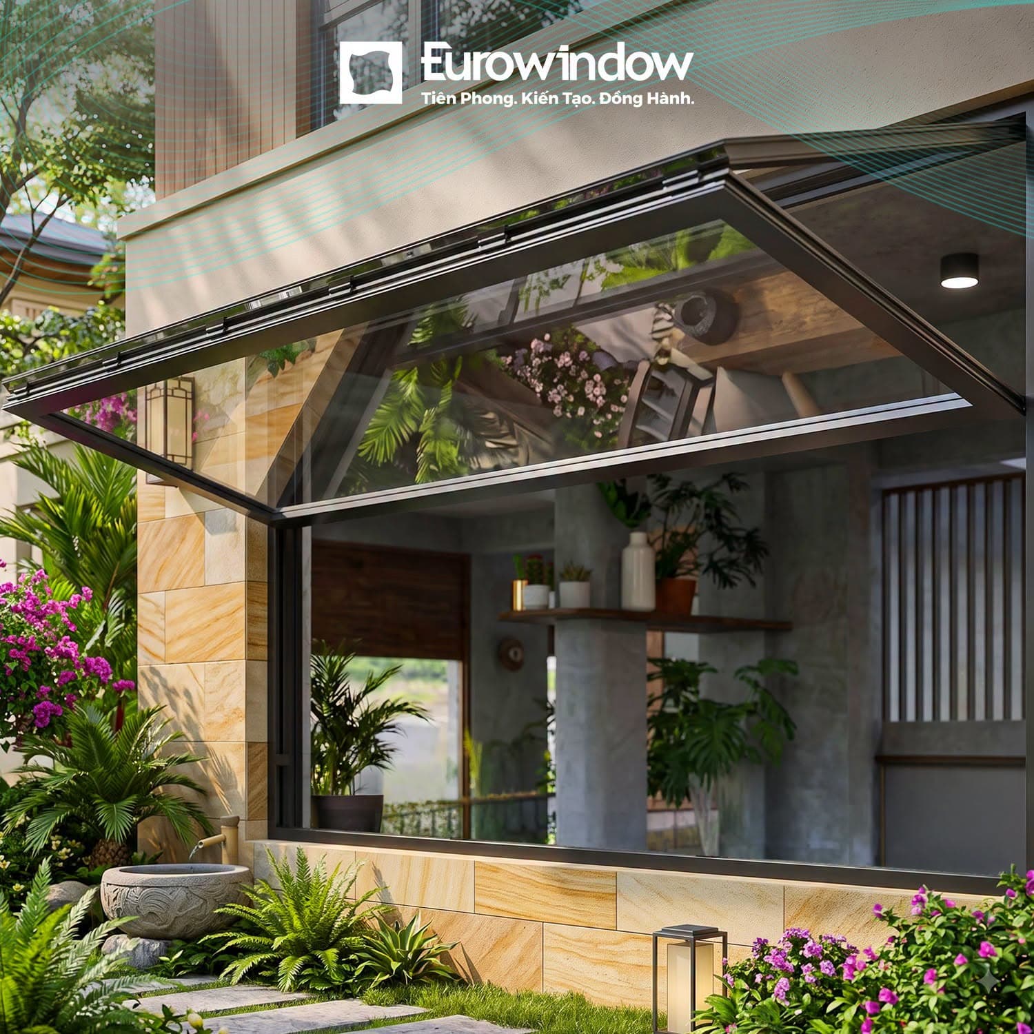 Cửa sổ mở hất tự động Eurowindow cảm biến thông minh kết nối sân vườn